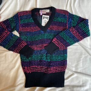 PRONTO Small Vintage 70s Striped Sweater Knit Multicolored Black V Neck